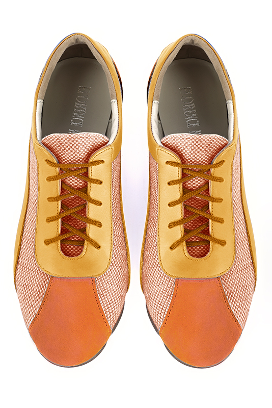 Apricot orange and mustard yellow women's two-tone elegant sneakers. Round toe. Flat rubber soles. Top view - Florence KOOIJMAN